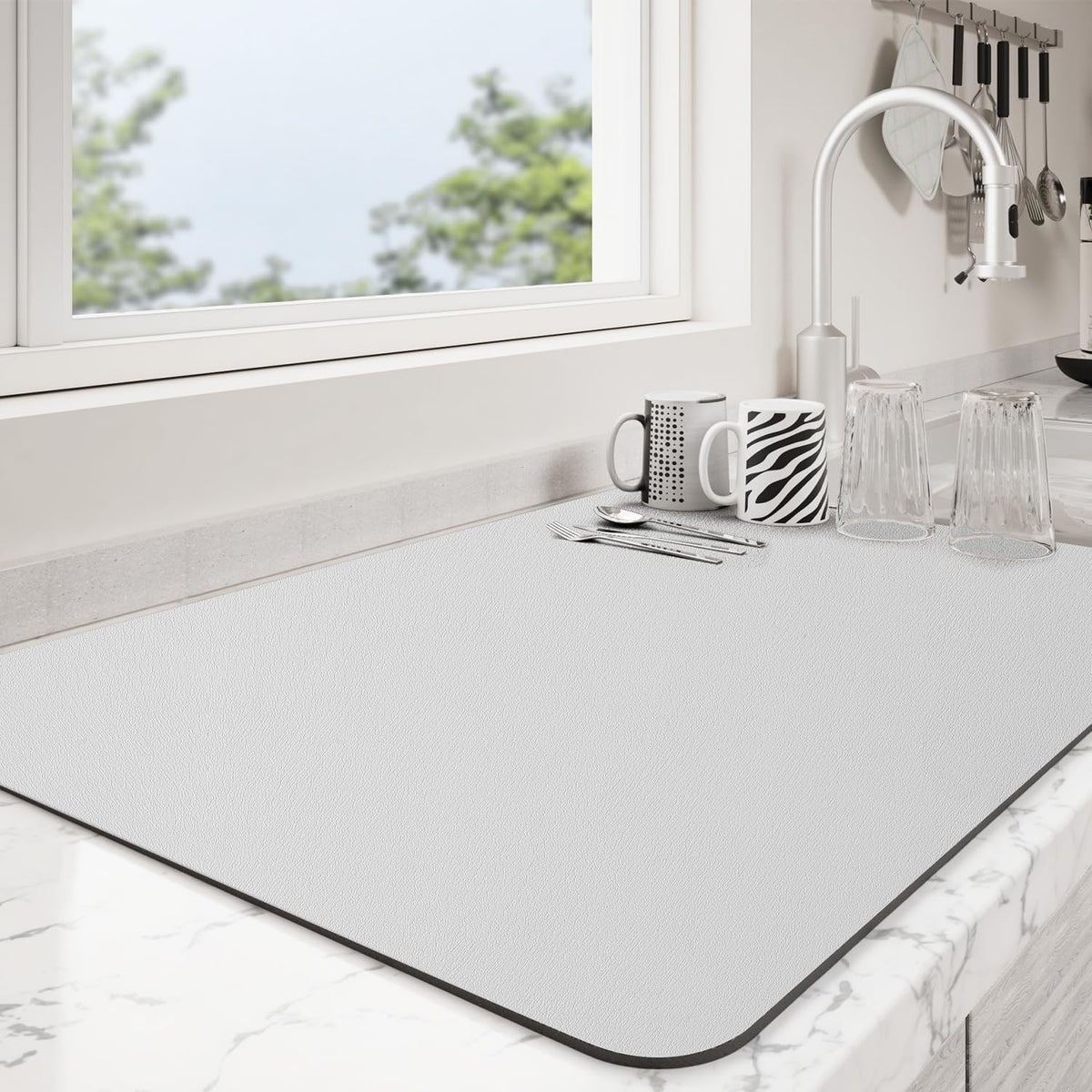 Dish Drying Mat for Kitchen Counter | Coffee Bar Mat for Countertops | Heat Resistant Drainer Mat with Non-slip Rubber Backed | Hide Stain Kitchen Absorbent Draining Mat | Light Grey 16"x24"