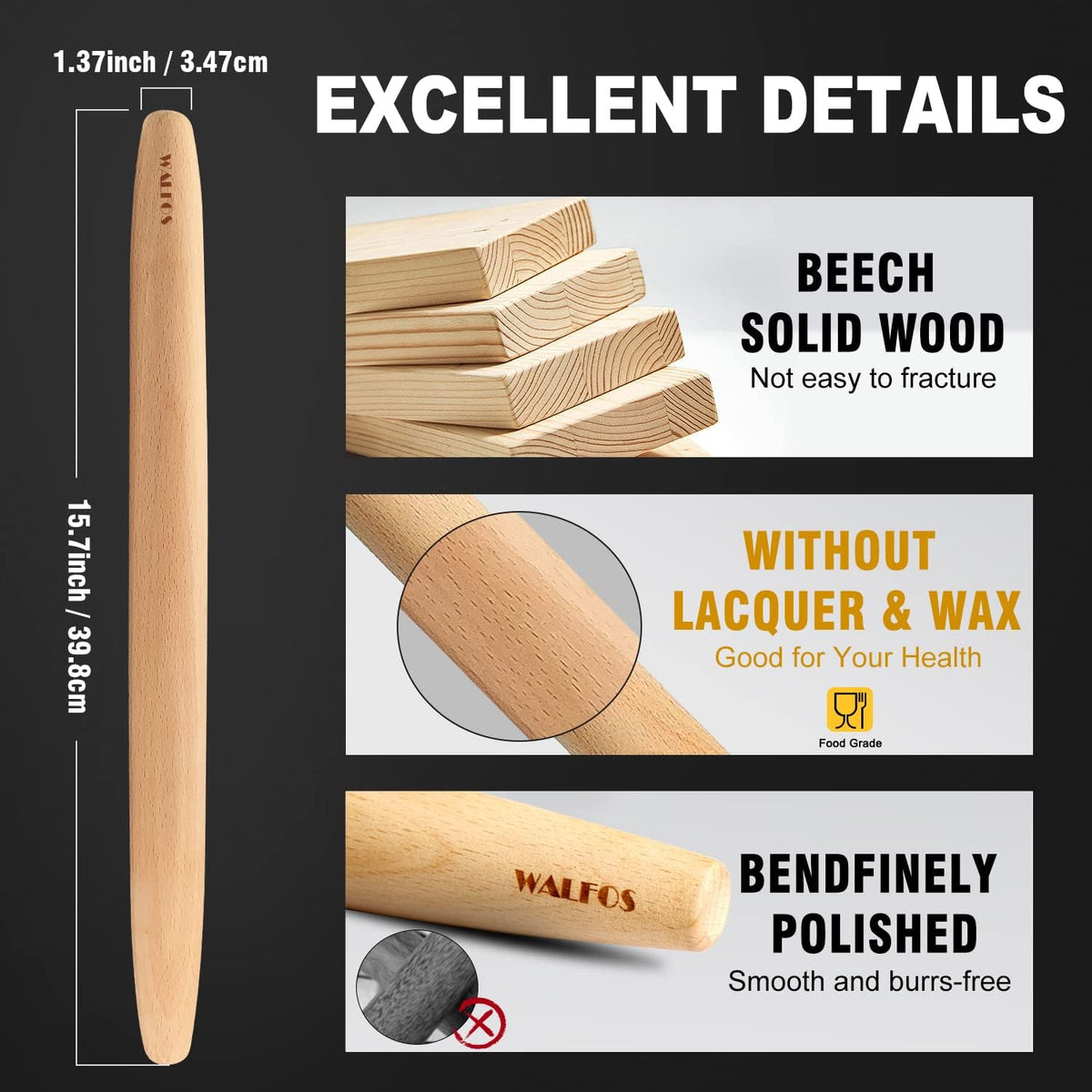 Walfos French Rolling Pin and Silicone Baking Mat Set, Non-Stick Beech Wood Rolling Pin 15.7 Inch and Pastry Mat for Best Pie Crust, Cookie