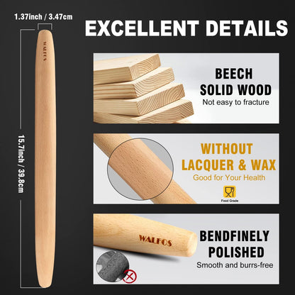 Walfos French Rolling Pin and Silicone Baking Mat Set, Non-Stick Beech Wood Rolling Pin 15.7 Inch and Pastry Mat for Best Pie Crust, Cookie