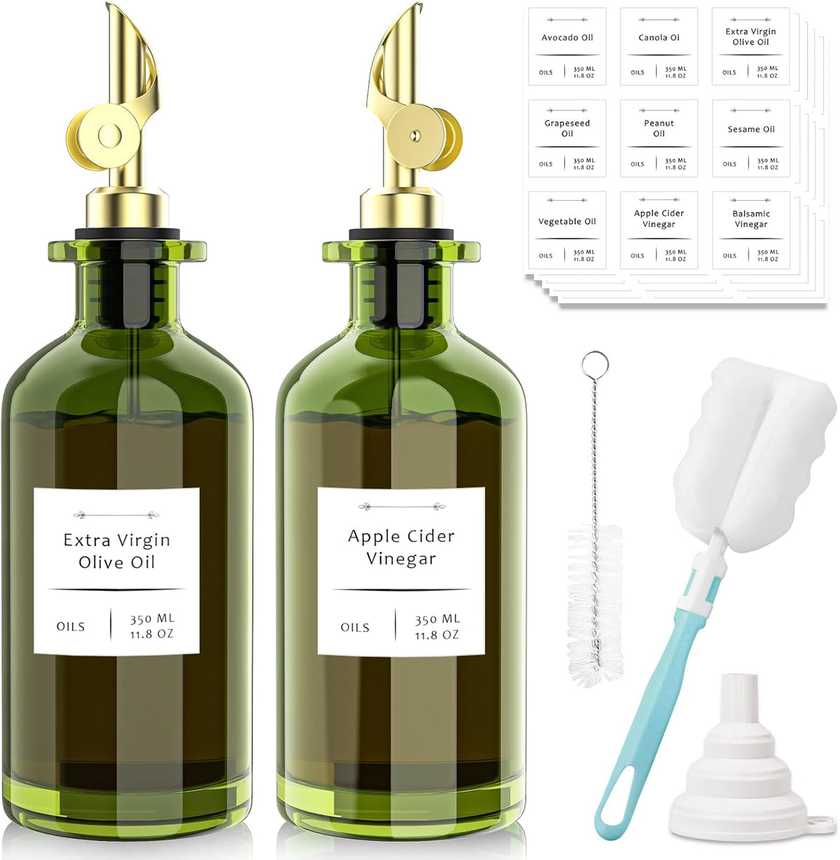 COOLMI Oil Dispenser for Kitchen - 12oz/350ml, Set of 2 Extra Thick Food Grade Glass Olive Oil Dispenser Bottle with Cleaning Brush, Stickers and Funnel (Gold)