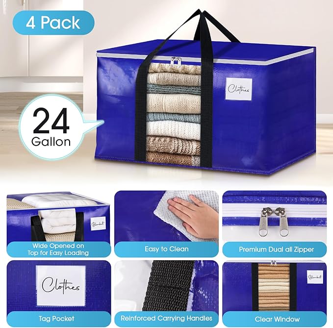 BlissTotes 4 Pack Moving Bags with Clear Window, Storage Bags with Strong Carrying Handles & Zippers,Large Packing Bags for Saving Space, Alternative to Moving Boxes(Blue,24 Gallon)
