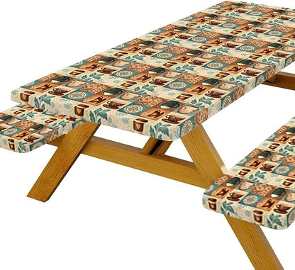 JAWO Coffee Pattern Picnic Table Cover,Bohemian Geometric Vintage Floral Tablecloth with Elastic Edge,Camping Design for Outdoor Camping, BBQ Decor, 72x30 Inch