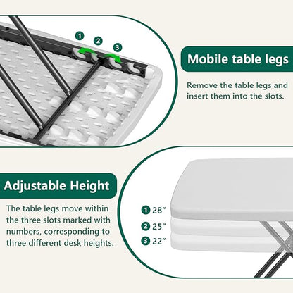 30 Inch Folding Table, Adjustable Height TV Tray for Small Spaces, Heavy Duty Foldable Utility Table for Laptop, Dining, Camping, No Assembly, 200 lbs Capacity, White Granite