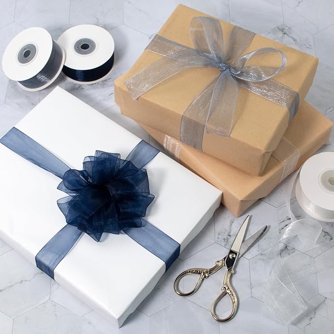 Blue and White Organza Ribbon - 1 Inch x 75 Yds - Navy, Gray, Blue, White - Clear Chiffon Tulle - Gift Wrapping, Flower Bouquet, Christmas Tree, Wedding Invitations, Bows, Crafts