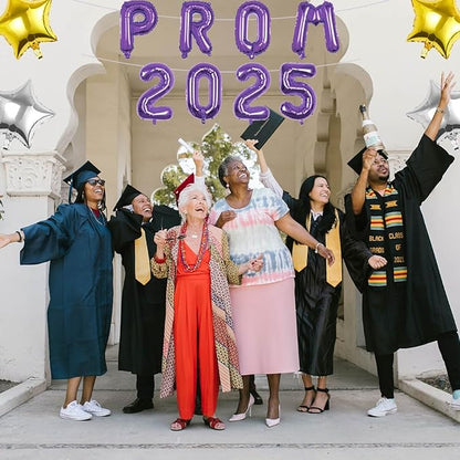 Prom 2026 Balloons Decorations, 16 Inch Foil Letter Number Balloons with 18 Inch Silver Purple Star Balloons for High School College Graduation Gift Retirement Ins Photo Party Supplies