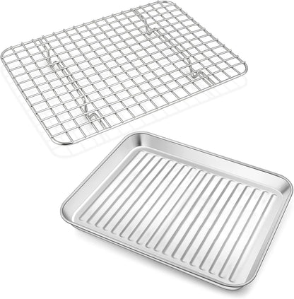 P&amp;P CHEF Baking Pan with Wire Rack, Oven Sheet Tray, 9 x 7 x 1 Inch | Stainless Steel Bacon Pan with Cooling Rack for Cooking Roasting Cookie, Dishwasher Safe &amp; Easy Clean,Heavy Duty &amp; Healthy