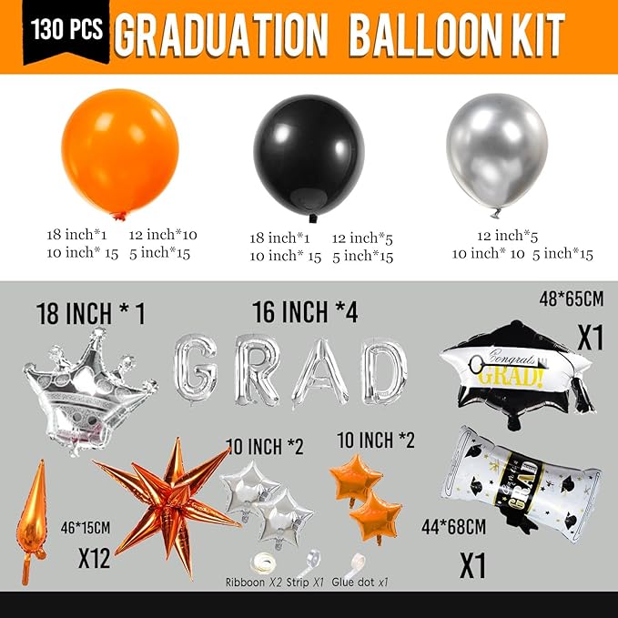 Black orange and silver Balloon Garland Arch Kit 130Pcs with orange and Silver Stars Graduation Certificate Graduation Cap crown GRAD Letters Mylar Balloons for 2025 GRAD Prom Decorations