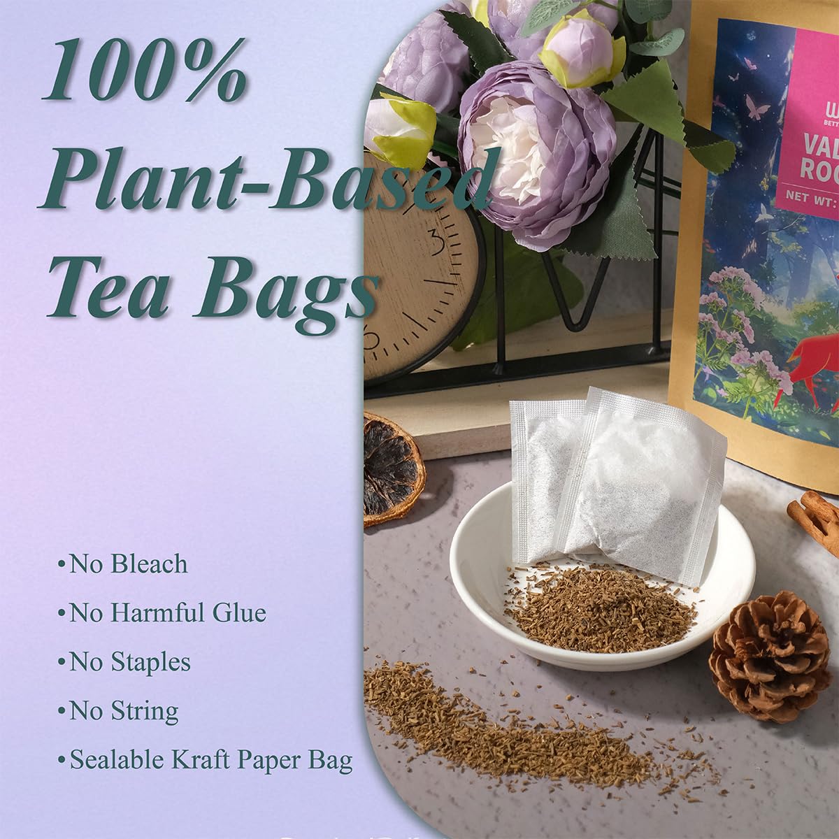 WT Weetee Valerian Root Tea Bags, Made with Pure Valerian Root (Valeriana), 50 Count Earthy/Woody Herbal Tea Bags, Naturally Caffeine-free