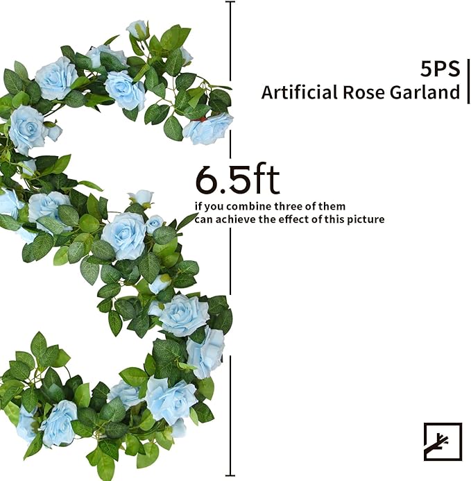ZIFTY 5Pcs 32.5FT Blue Flower Garland Fake Flower Vines Faux Artificial Floral Garland Hanging Rose Ivy for Wedding Decortions Arch Garden Ceremony Background Outdoor Wall Decor
