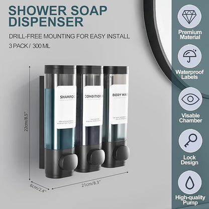 3 Pack Shampoo and Conditioner Dispenser, Shower Soap Dispenser 3 Chamber No Drill Wall-Mounted, Body Wash and Shower Dispenser Set for Shower Wall, Elegant Large Capacity for Bathroom Hotel, Black