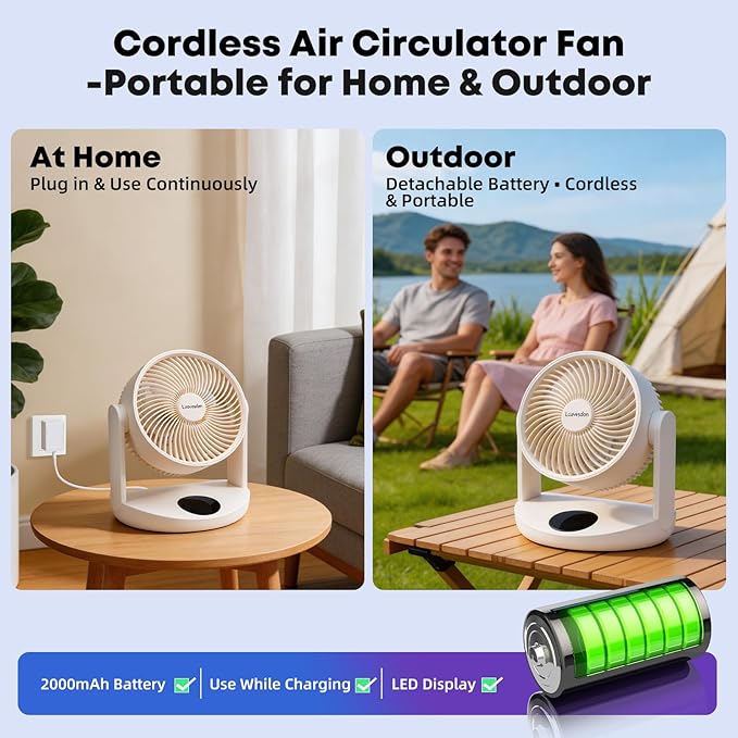 0dB Cordless Air Circulator Fan with Night Light, 20000mAh Solar Powered Camping Fans Rechargeable Table Fan Battery Operated Desk Fan, 12 Speeds, 12H Timer