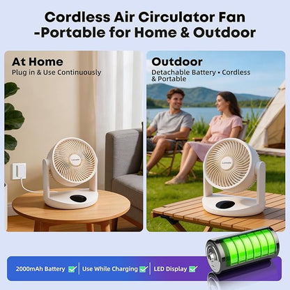 0dB Cordless Air Circulator Fan with Night Light, 20000mAh Solar Powered Camping Fans Rechargeable Table Fan Battery Operated Desk Fan, 12 Speeds, 12H Timer