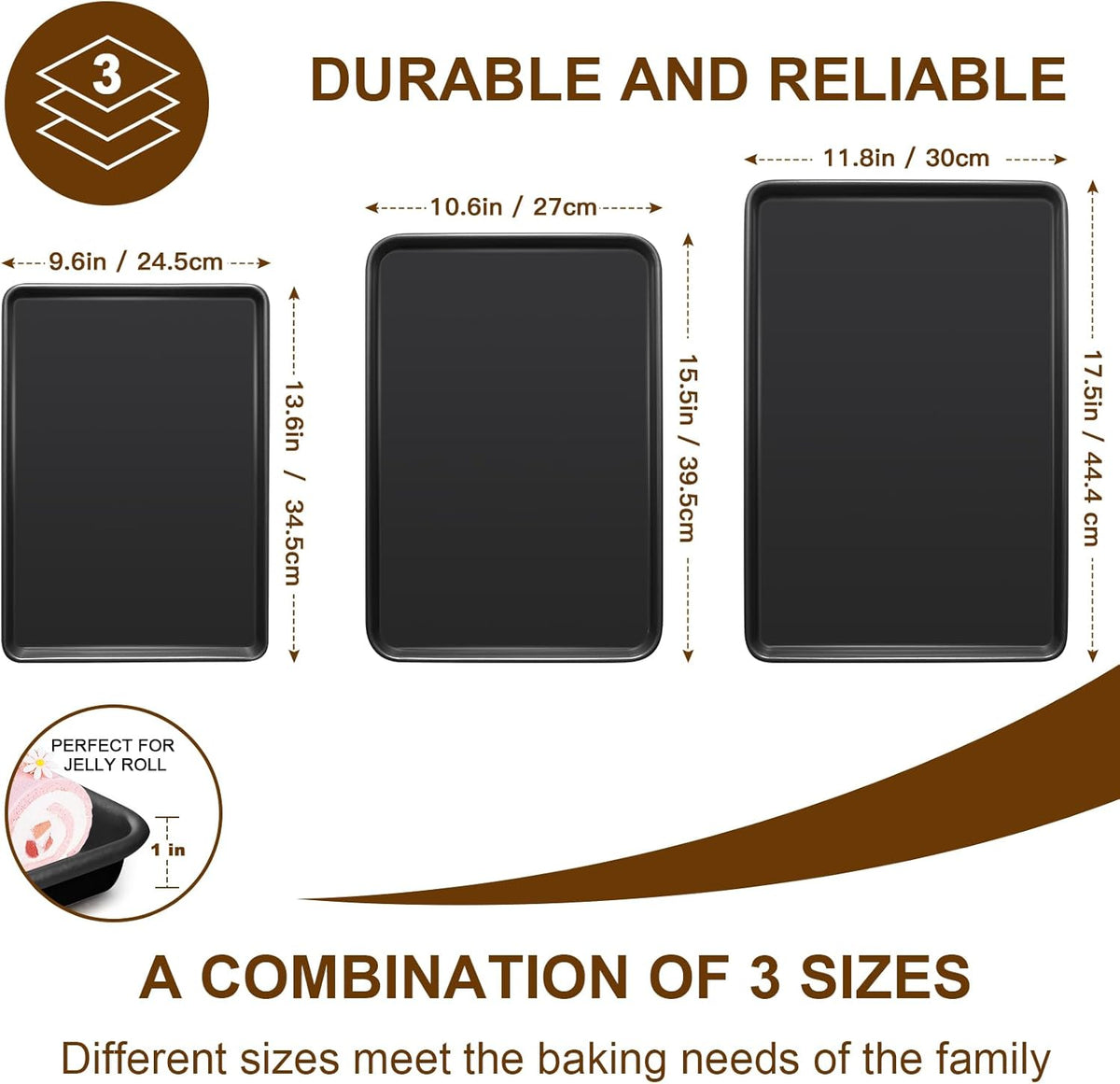 Baking Sheet Pan Set of 3, Commercial Cookie Sheets for Baking, Nonstick Half/Quarter/Jelly Roll Pans Replacement Toaster Oven Tray