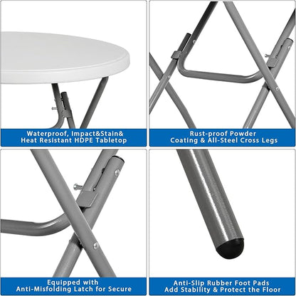 32" Round Folding Table Plastic Card Table Circle Dining Table Heavy Duty Portable w/Handle for Picnic Party Camping Dining Wedding Event Indoor Outdoor Lightweight White