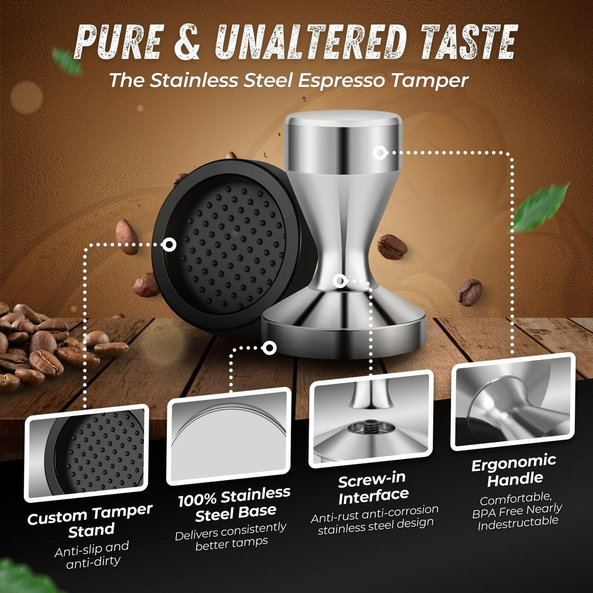 Flexzion Coffee Tamper 58mm Espresso Tamper Tool, Stainless Steel Barista-Quality Hand Press Espresso Maker with Ergonomic Silver Handle for Home and