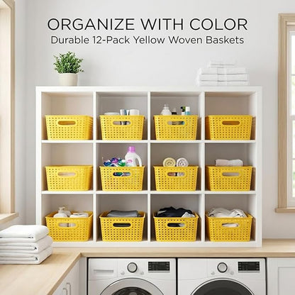 Yellow Plastic Organizer Baskets, 12-Pack Stackable Pantry Storage Baskets, Small Baskets for Shelves, Bathrooms, Kitchens, Laundry Room, Classrooms, Cabinets and Bedrooms