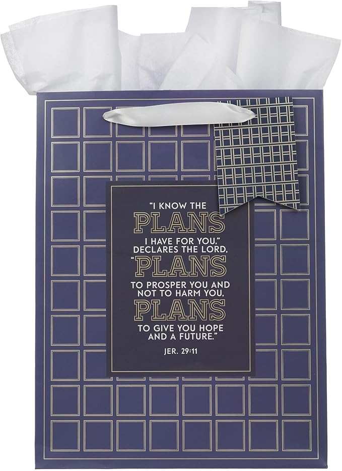 Christian Art Gifts Large Portrait Inspirational Scripture Gift Bag, Tag & Wrapping Tissue Paper Set for Grads: I Know the Plans Bible Verse, Sturdy Satin Ribbon Handles, Checkered Dark Blue & Gold