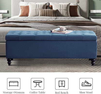 Storage Ottoman 50.2 Inches Upholstered Fabric Storage Ottoman Bench，Button Tufted Ottoman with Storage for Living Room (Blue-TP)