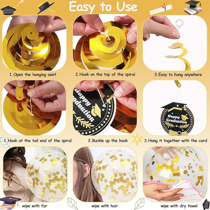 Graduation Decorations Class of 2026, Black and Gold Graduation Balloons with Hanging Swirl, We are So Proud of You Banner, Congrats Grad Garland Party Supplies
