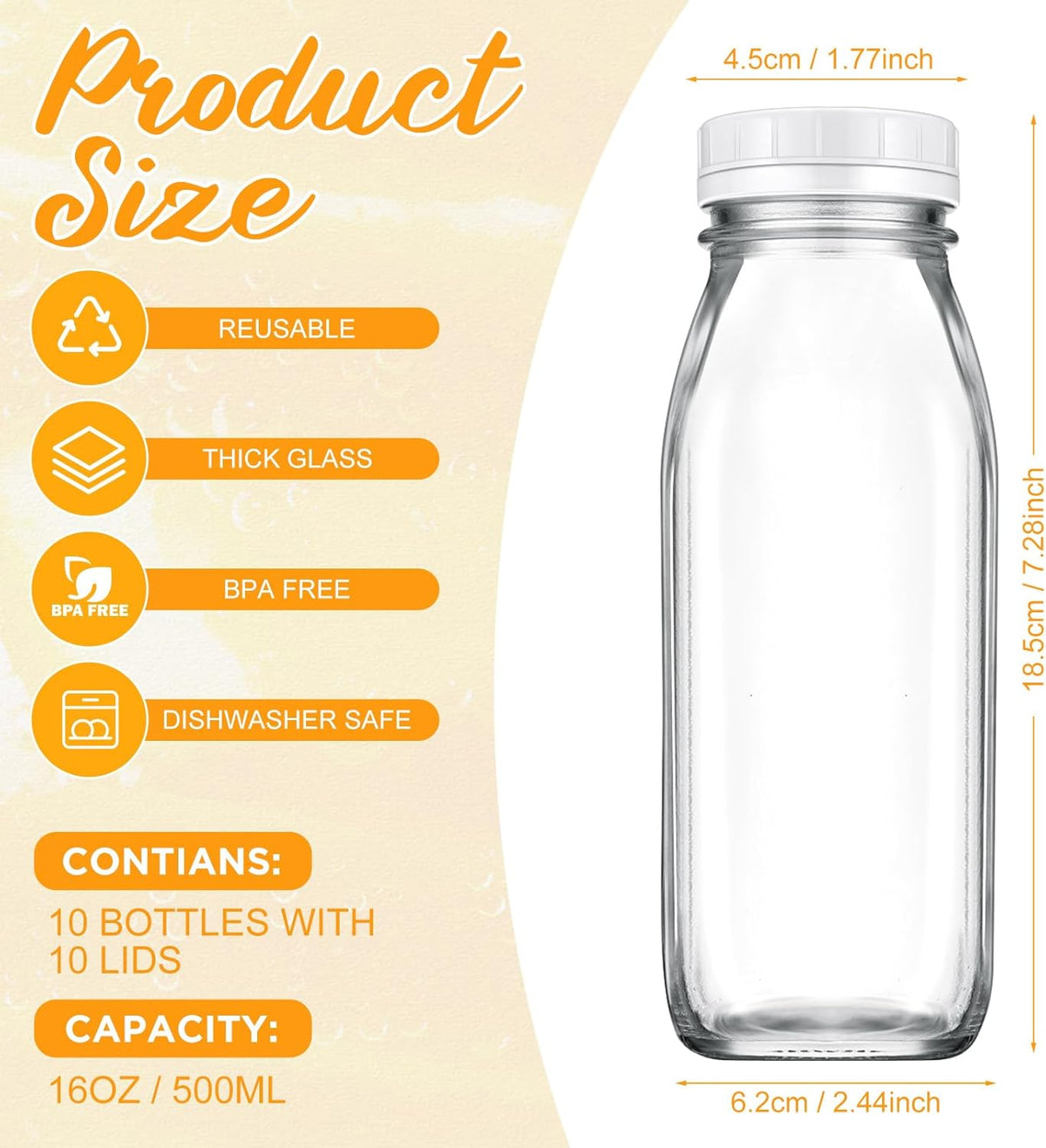 Suclain 10 Pcs 16 oz Glass Juice Bottle with Lids, Clear Reusable Milk Container for Refrigerator
