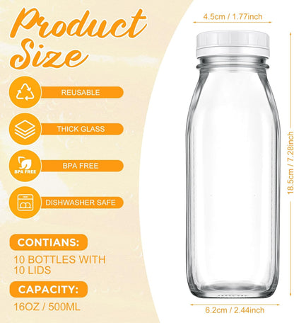 Suclain 10 Pcs 16 oz Glass Juice Bottle with Lids, Clear Reusable Milk Container for Refrigerator