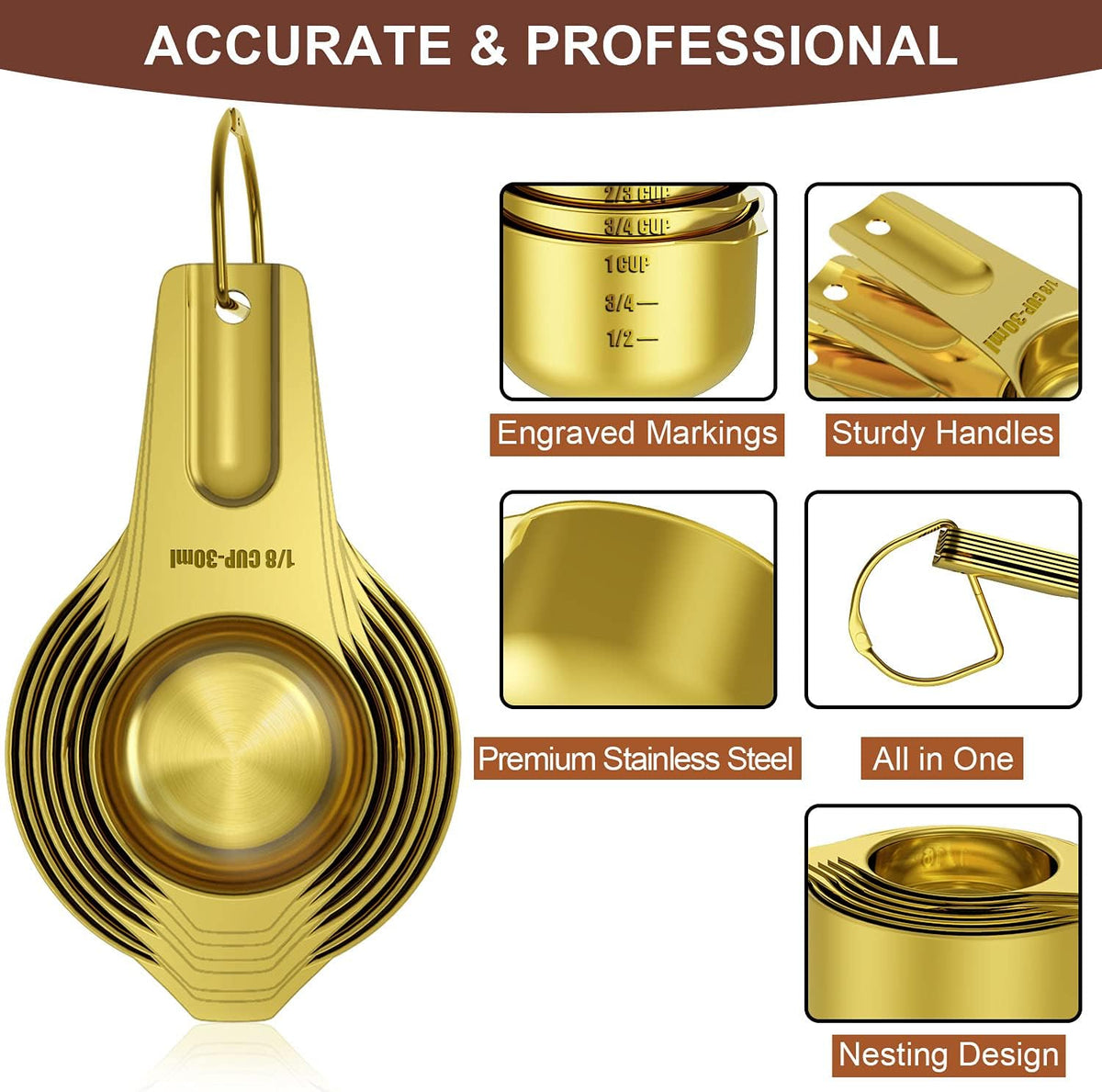 Wildone Gold Measuring Cups & Spoons Set of 21 - Includes 7 Stainless Steel Nesting Measuring Cups, 8 Measuring Spoons