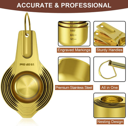 Wildone Gold Measuring Cups & Spoons Set of 21 - Includes 7 Stainless Steel Nesting Measuring Cups, 8 Measuring Spoons
