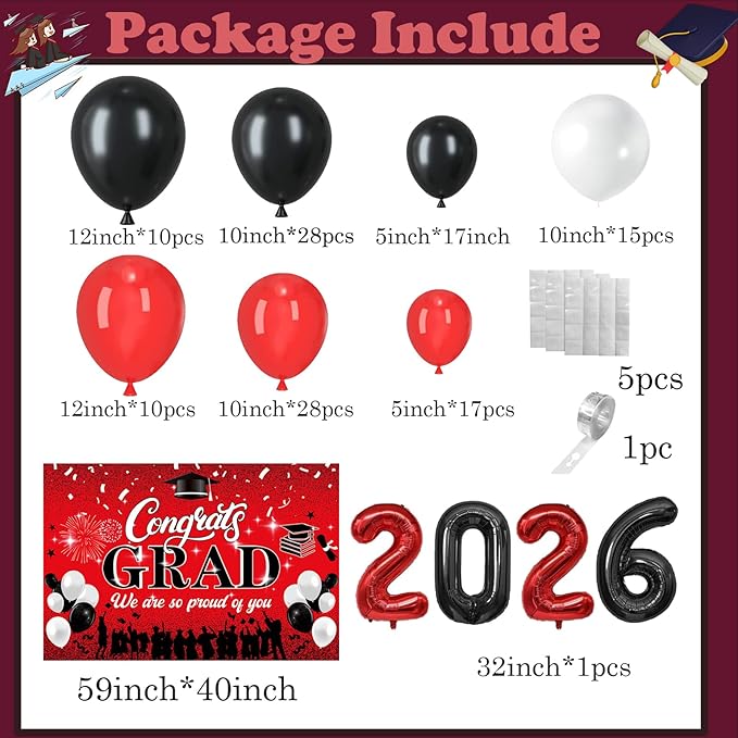 Red and Black Graduation Party Decorations 2026 - Graduation Balloon Arch Kit With Red Black Graduation Balloons, Congrats Grad Backdrop, 2026 Foil Balloons For High College School Gradua tion Decor