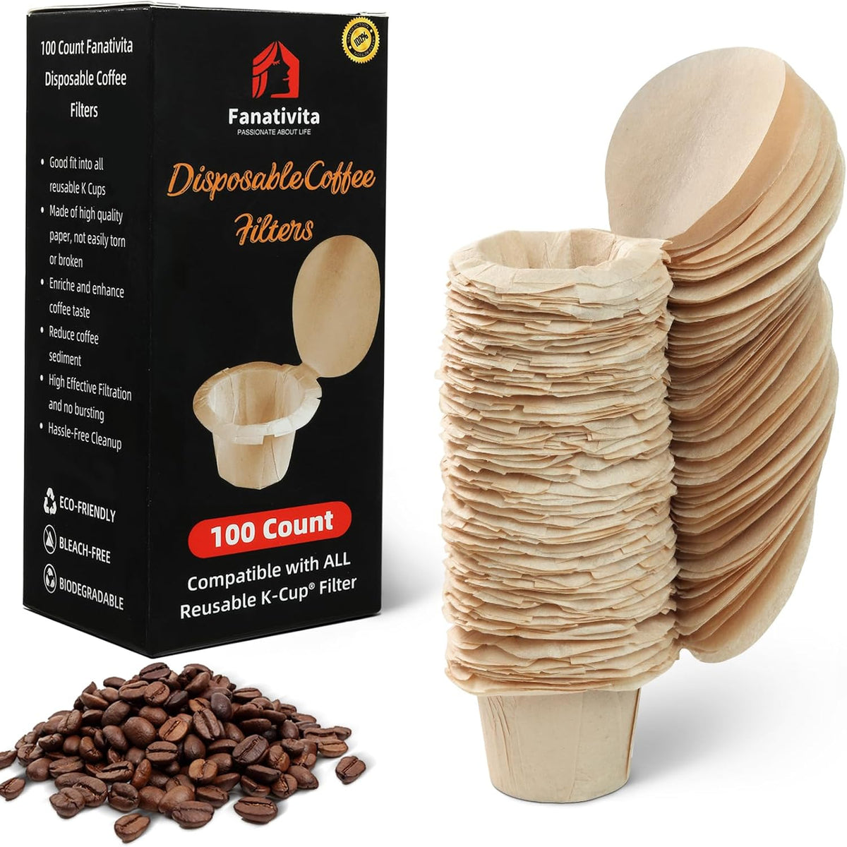 200 Count Fanativita K Cup Filters Disposable with Genius Lid Design, Fit All Reusable K Cups for Keurig (Unbleached)