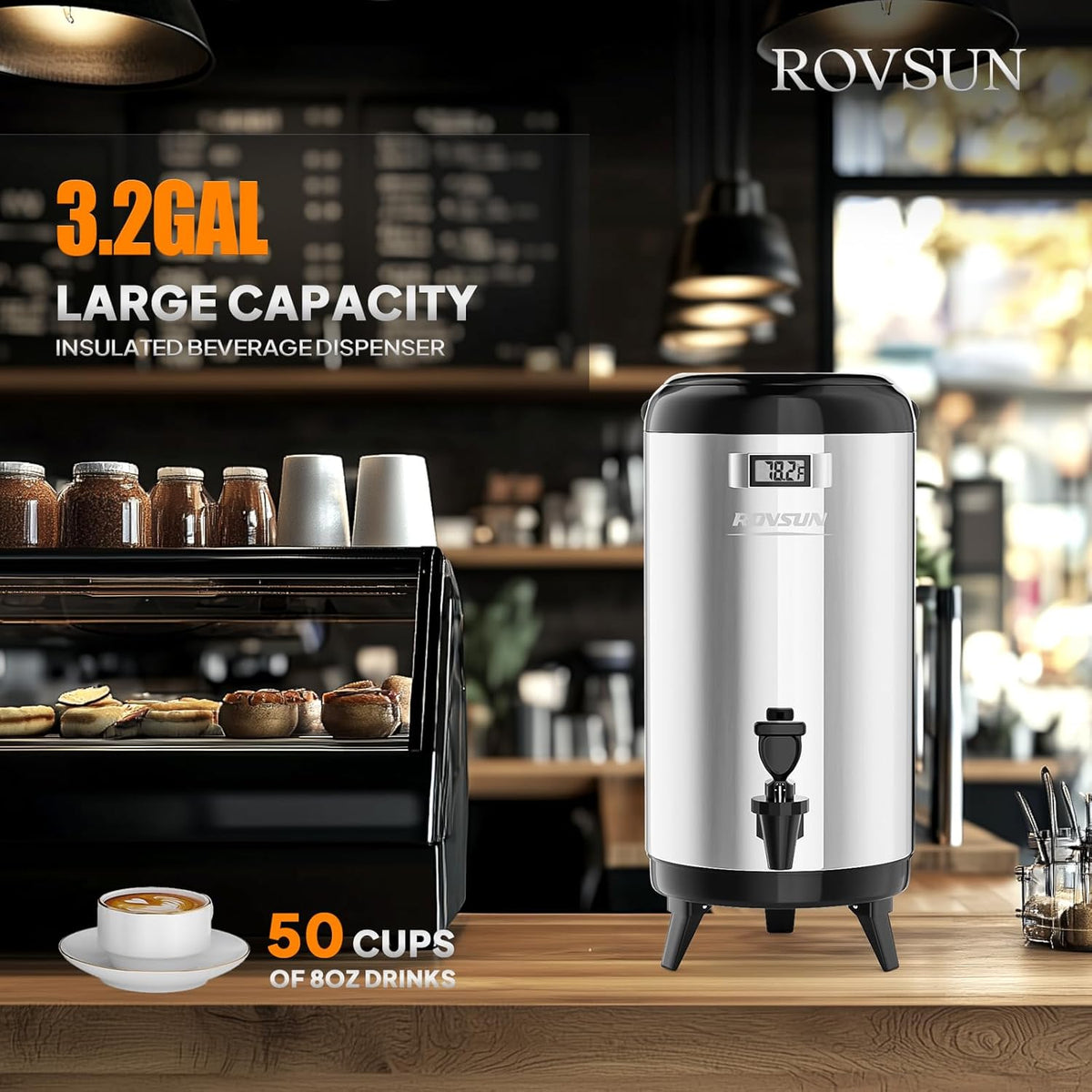 Rovsun 3.2 Gallon Insulated Beverage Dispenser, Stainless Steel Hot and Cold Drink Dispenser, Ice and Hot Drink Server w/Spigot