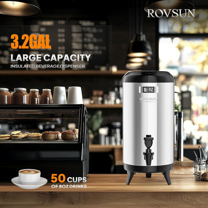 Rovsun 3.2 Gallon Insulated Beverage Dispenser, Stainless Steel Hot and Cold Drink Dispenser, Ice and Hot Drink Server w/Spigot
