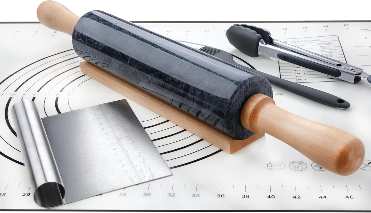 Marble Rolling Pin Set with Silicone Pastry Mat,Pastry Brush,Cooking Tongs,Stainless Steel Scraper18.5 inch Polished Non-Stick Roller for Pizza Dough