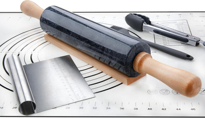 Marble Rolling Pin Set with Silicone Pastry Mat,Pastry Brush,Cooking Tongs,Stainless Steel Scraper18.5 inch Polished Non-Stick Roller for Pizza Dough