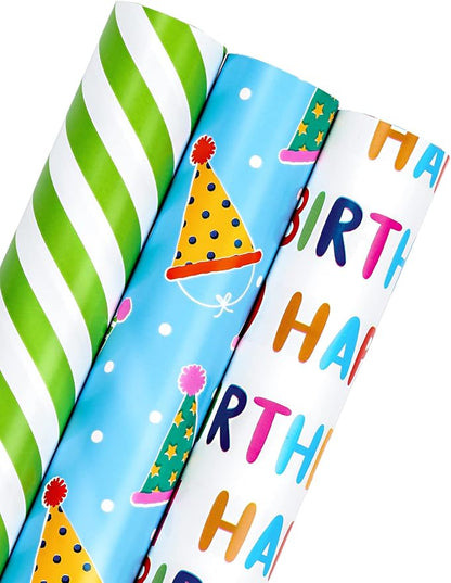 WRAPAHOLIC Mini Birthday Wrapping Paper Rolls - 3 Rolls, 17 Inch X 120 Inch Each - Happy Birthday Lettering and Stripe for Kids, Baby Shower
