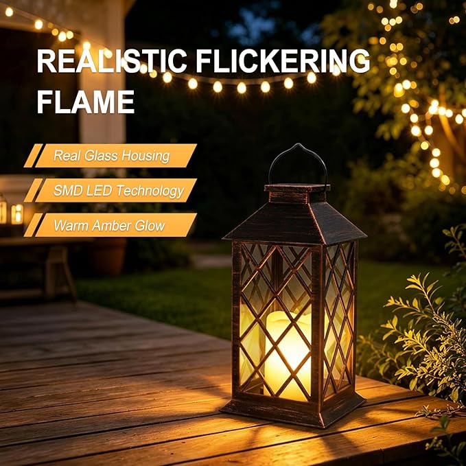 Solar Lanterns Outdoor Waterproof - 2 Pack 14" Large Hanging Solar Lantern with Glass Flickering Flame, IP65 Weatherproof Decorative Lanterns for Garden, Patio, Yard, Porch, Balcony, Gifts Mom Wife