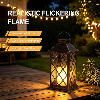 Solar Lanterns Outdoor Waterproof - 2 Pack 14" Large Hanging Solar Lantern with Glass Flickering Flame, IP65 Weatherproof Decorative Lanterns for Garden, Patio, Yard, Porch, Balcony, Gifts Mom Wife