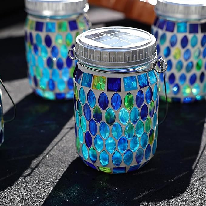 Cooo Mosaic Lanterns Outdoor Waterproof with 215% Larger Solar Panel, Never Rust Lids, True Capacity Battery- Solar Mason Mosaics Jar Lantern for Patio Garden Yard Balcony Hanging or Table (6)