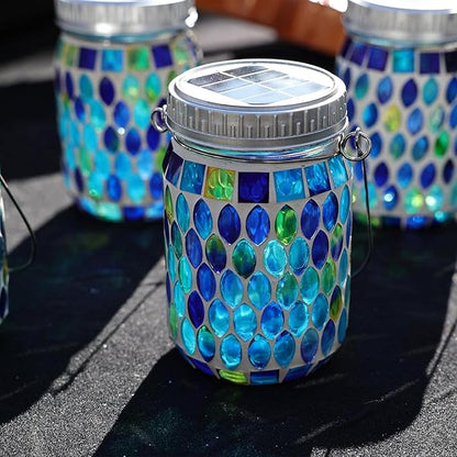 Cooo Mosaic Lanterns Outdoor Waterproof with 215% Larger Solar Panel, Never Rust Lids, True Capacity Battery- Solar Mason Mosaics Jar Lantern for Patio Garden Yard Balcony Hanging or Table (6)