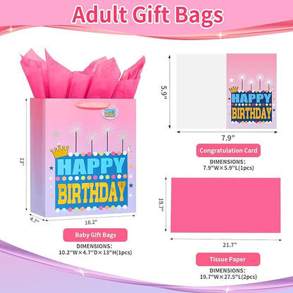 Powbrace 13" Pink Happy Birthday Bag with Tissue Paper and Greeting Card for Party, Happy Birthday Gift Bag for Girls, Kids, Women,Gift Bags Medium size(1 PCS Pink, Gift Bag)