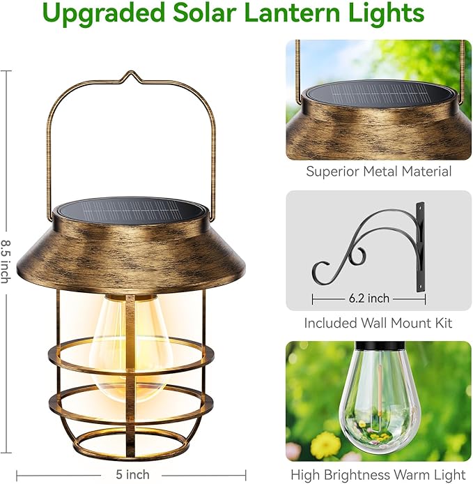 Ahaorigin Solar Lanterns Outdoor Waterproof, High Brightness Hanging Solar Lights for Outside with Wall Hooks, Retro Metal Outdoor Lanterns Auto On/Off for Porch, Patio, Yard Decor 2 Pack