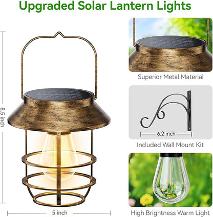 Ahaorigin Solar Lanterns Outdoor Waterproof, High Brightness Hanging Solar Lights for Outside with Wall Hooks, Retro Metal Outdoor Lanterns Auto On/Off for Porch, Patio, Yard Decor 2 Pack