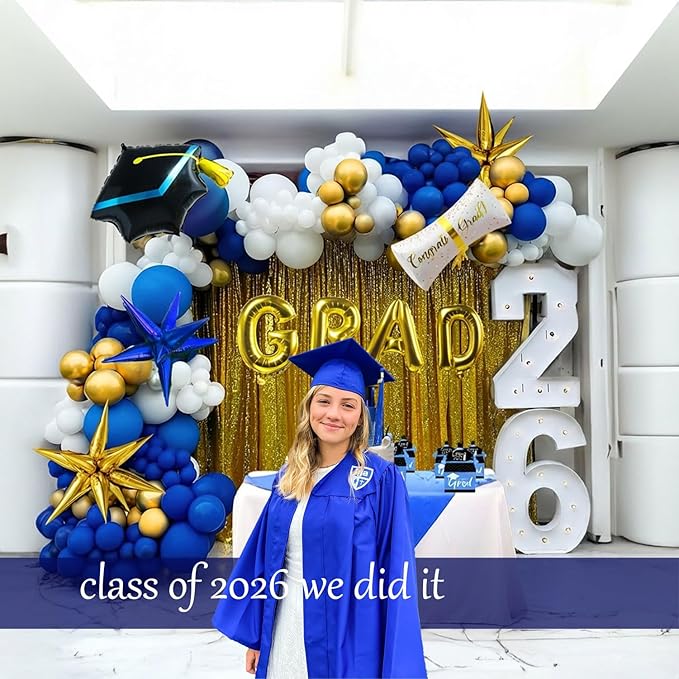 138Pcs Graduation Balloon Garland Arch Kit Blue and Gold - Class of 2026 Decorations with GRAD Foil Balloons, Cap and Diploma Balloons for College High School Graduation Prom Party Supplies