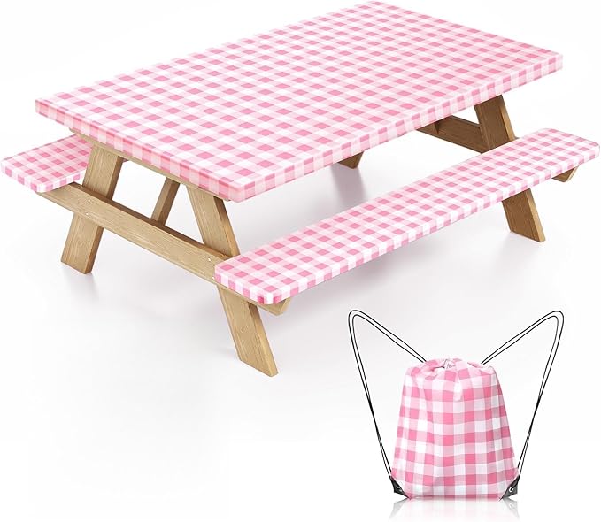 Picnic Table Cover with Bench Covers and Bag, Camping Table Camping Essentials Cover with Elastic Edges(Pink)