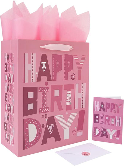 wishinside 13'' Large Happy Birthday Gift Bag Set with Handles, Greeting Card, Pink Tissue Papers and Stickers for Women Girls Kids Teens, Cartoon Design, 1 Pcs