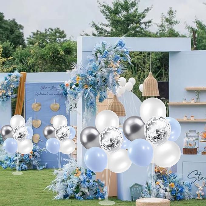 ZJDHPTY 4 Sets Balloon Stand,Light Blue Silver White Balloon Centerpieces for Birthday Baby Shower Bridal Shower Wedding Engagement Anniversary Party Decor