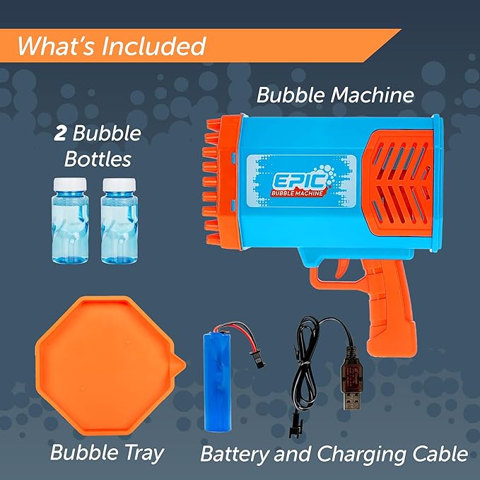 Epic Bubble Machine Gun – Bubble Tray for 69 Bubble Holes – RGB Lighting Effects – USB Rechargeable Battery for Hours of Fun – 2 Bubble Solution Bottles – Outdoor Indoor Toy for Adults Kids