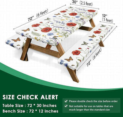 Picnic Table Cover with Bench Covers Elastic Edges, Wildflower Camper Fitted Table Cover, Outdoor Camping Essentials 72 Inch 3PCS, Waterproof Camping Fitted Tablecloth with Drawstring Bag