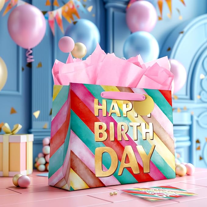 BGTCARDS Birthday Gift Bag with Tissue Paper and Card, Happy Birthday Gift Bags for Party, Reusable Gift Bag for Presents with Handles - 13”x 10”x 5”, 1PCS