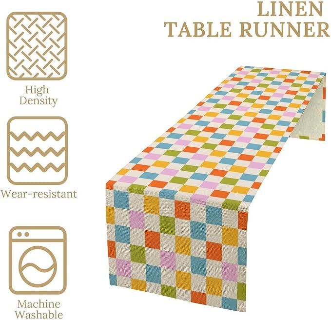 Retro Checkered Table Runner, 60s 70s Summer Seasonal Table Runners for Kitchen Dining Indoor Outdoor Holiday Home Wedding Party 13x108in