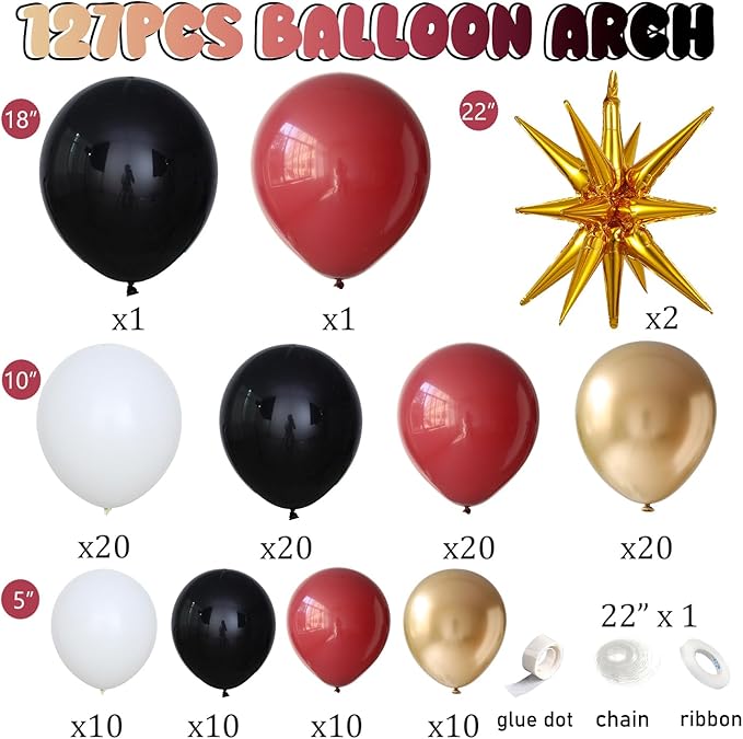 Burgundy Balloon Arch Garland Kit,Burgundy Maroon and Gold White Black Balloons Exploding Star Foil Balloons for New Year Decorations Graduation Retirement Birthday Wedding Party Supplies